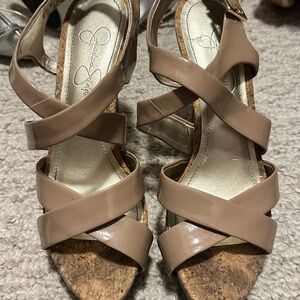 Jessica Simpson Nude Patent + Cork Crisscross Heels